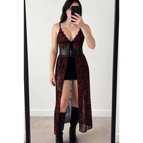 Vintage Escante Goth Slip Dress Medium Black Red Sheer Lace Dark Romantic Scene - Picture 1 of 11